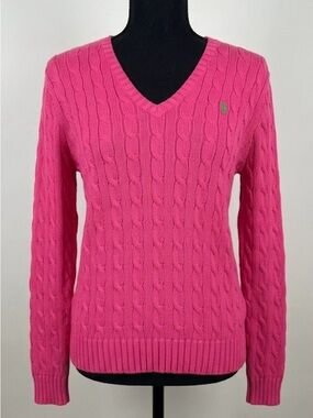 Ralph Lauren Hot Pink Cable-Knit V-Neck Sweater with lime green pony logo.